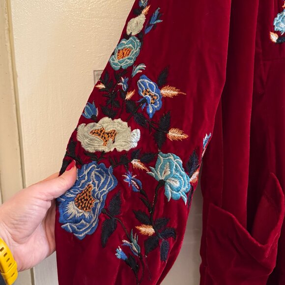 Free People Red Velvet Embroidered Tunic Mini Dress - M - Picture 4 of 5
